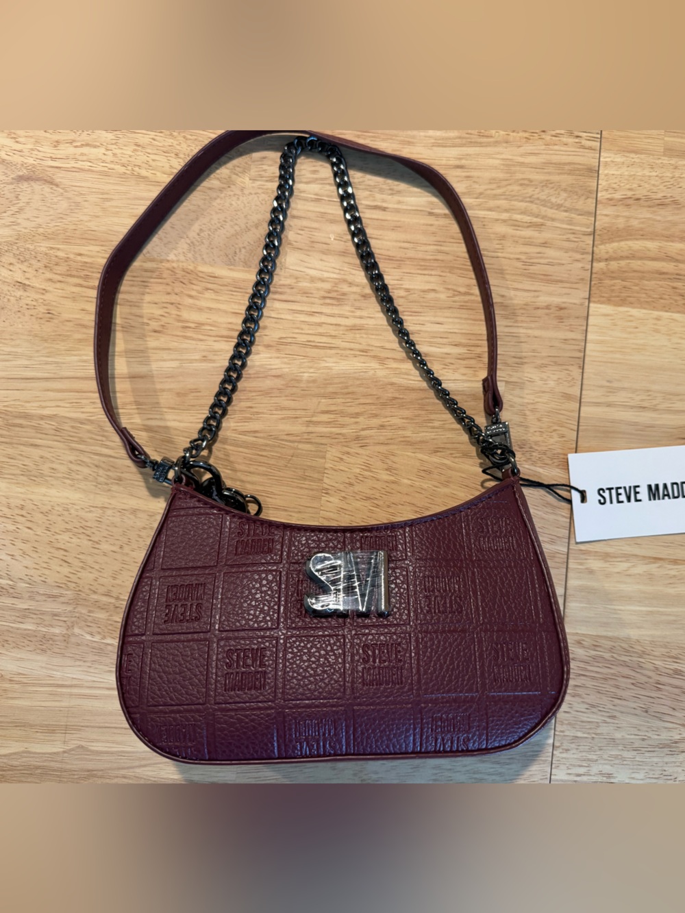 Steve Madden Burgundy Embossed Crossbody with Gunmetal Chain